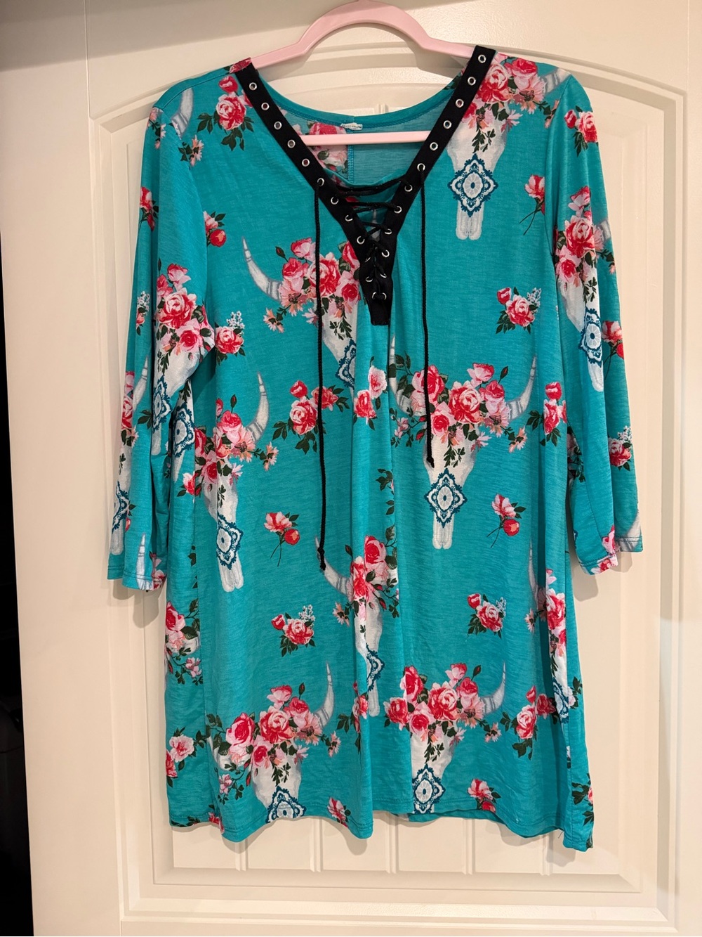 Turquoise Floral Lace-Up Long Sleeve Women's Top